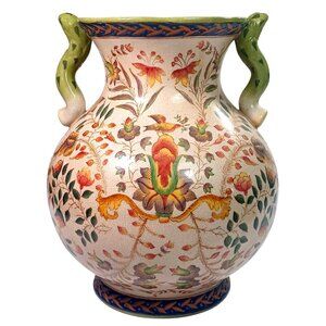 Winward Hand-Painted Crackled Majolica Amphora Vase French Country Floral Birds